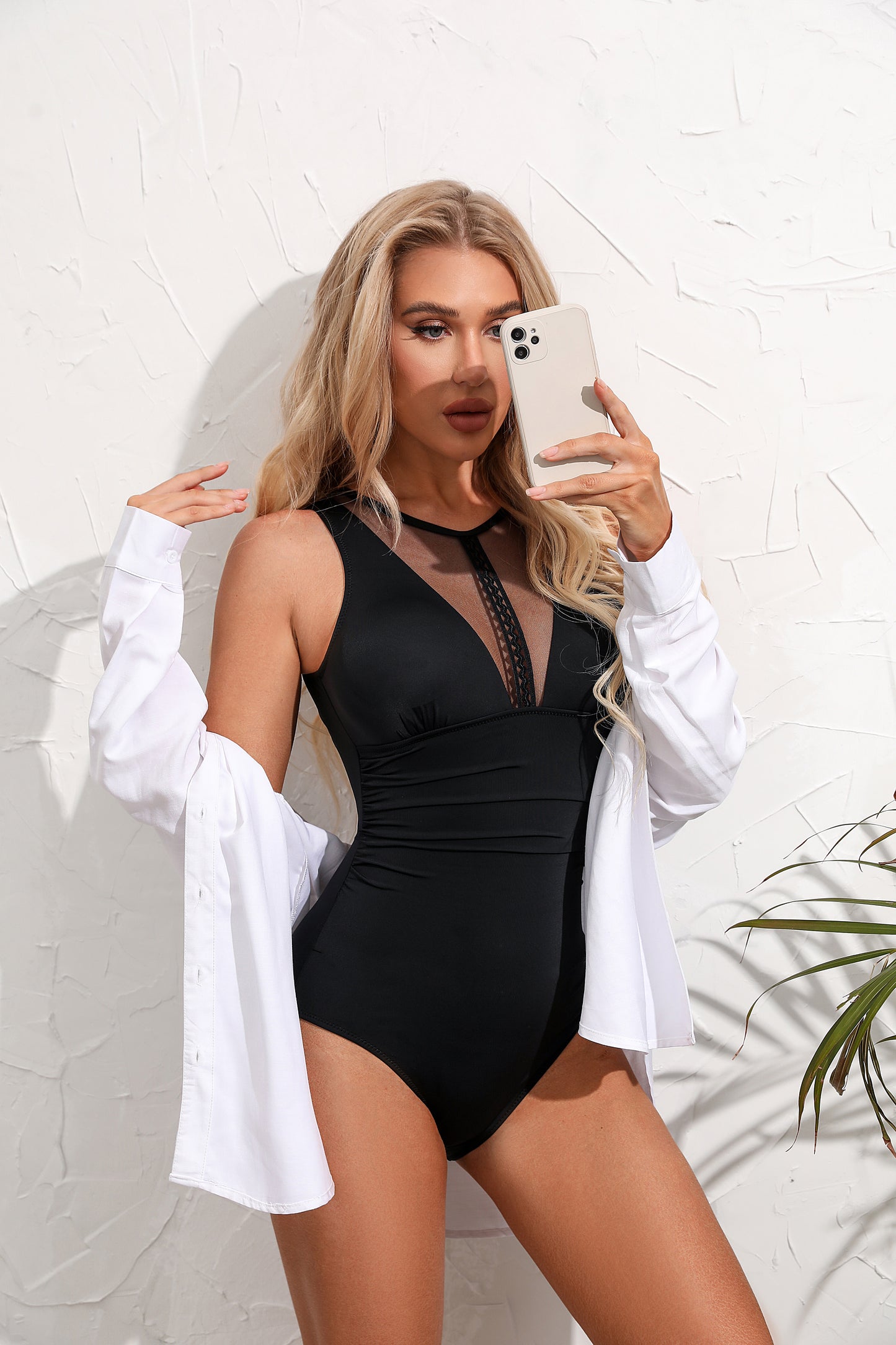 Black Simple Mesh One Piece Swimsuit