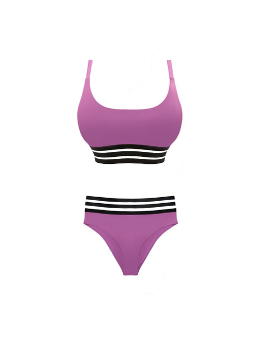 Pink Striped Mesh Two Piece Swimsuit